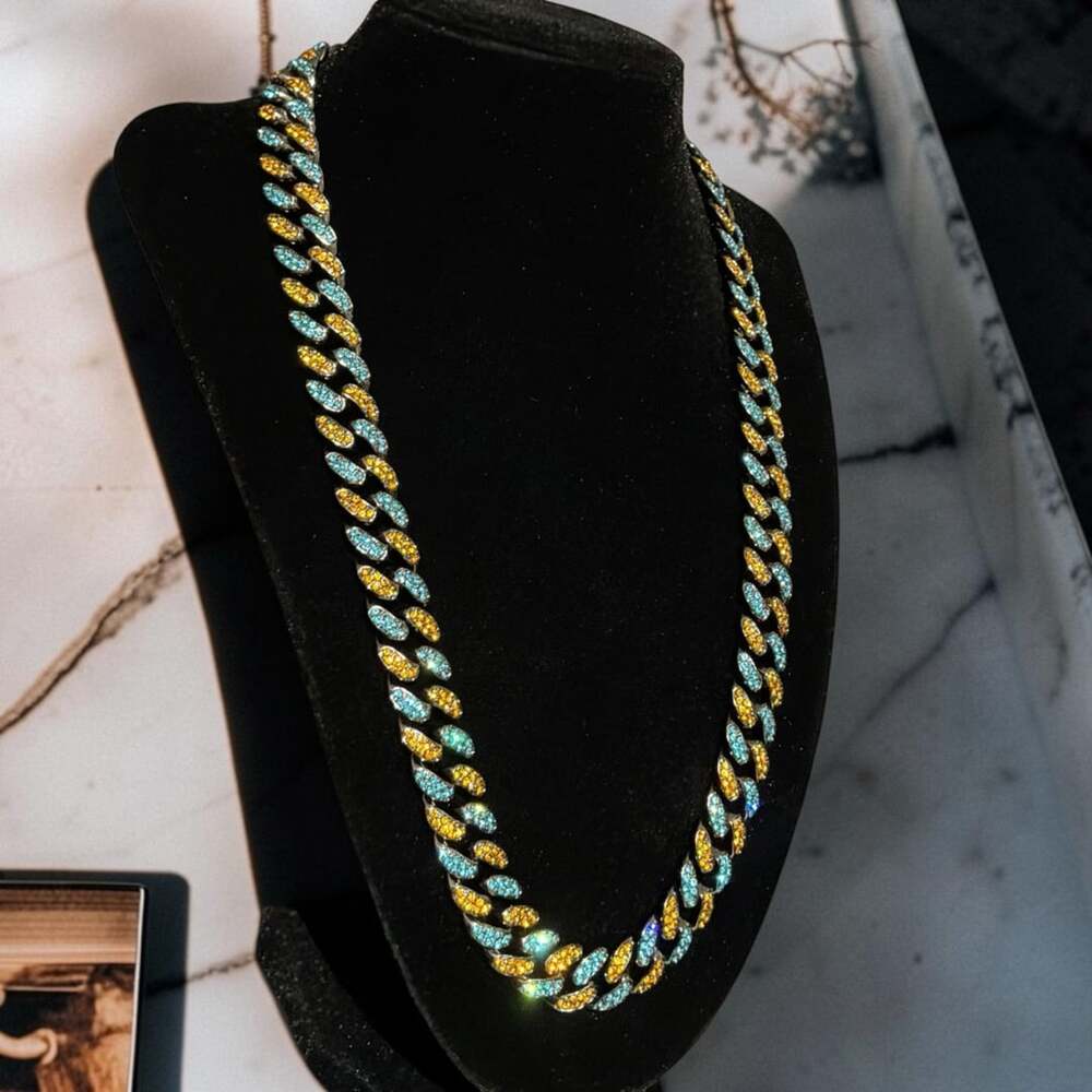 Cuban Link Chain Size 22” Blue and Gold Rhinestone Necklace